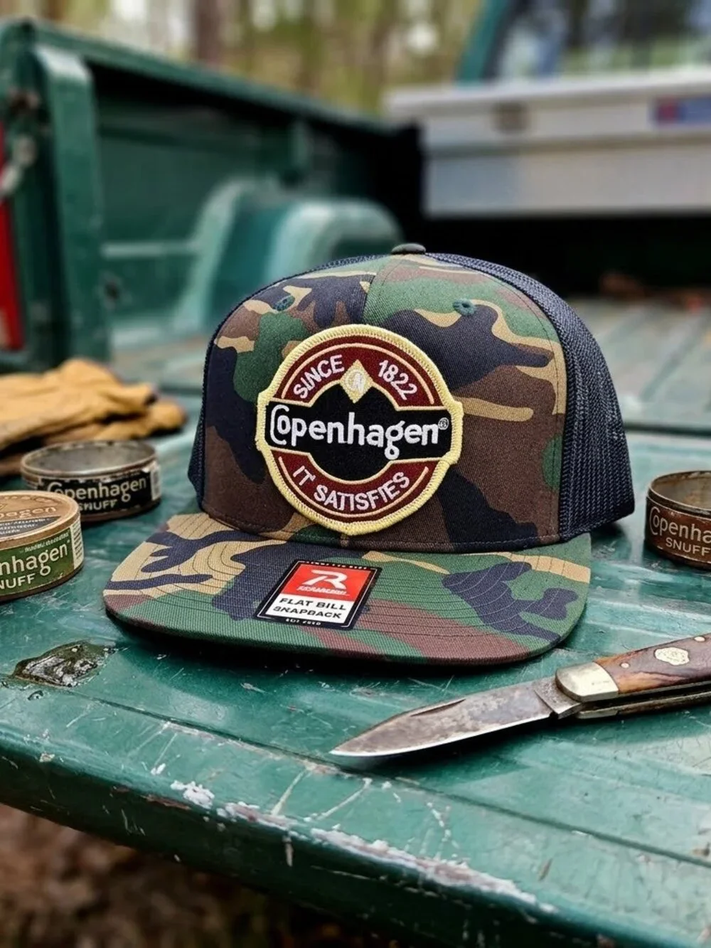 Retro Copenhagen Trucker Hat Vintage Camo Tobacco Patch Richardson Flat Bill 80s